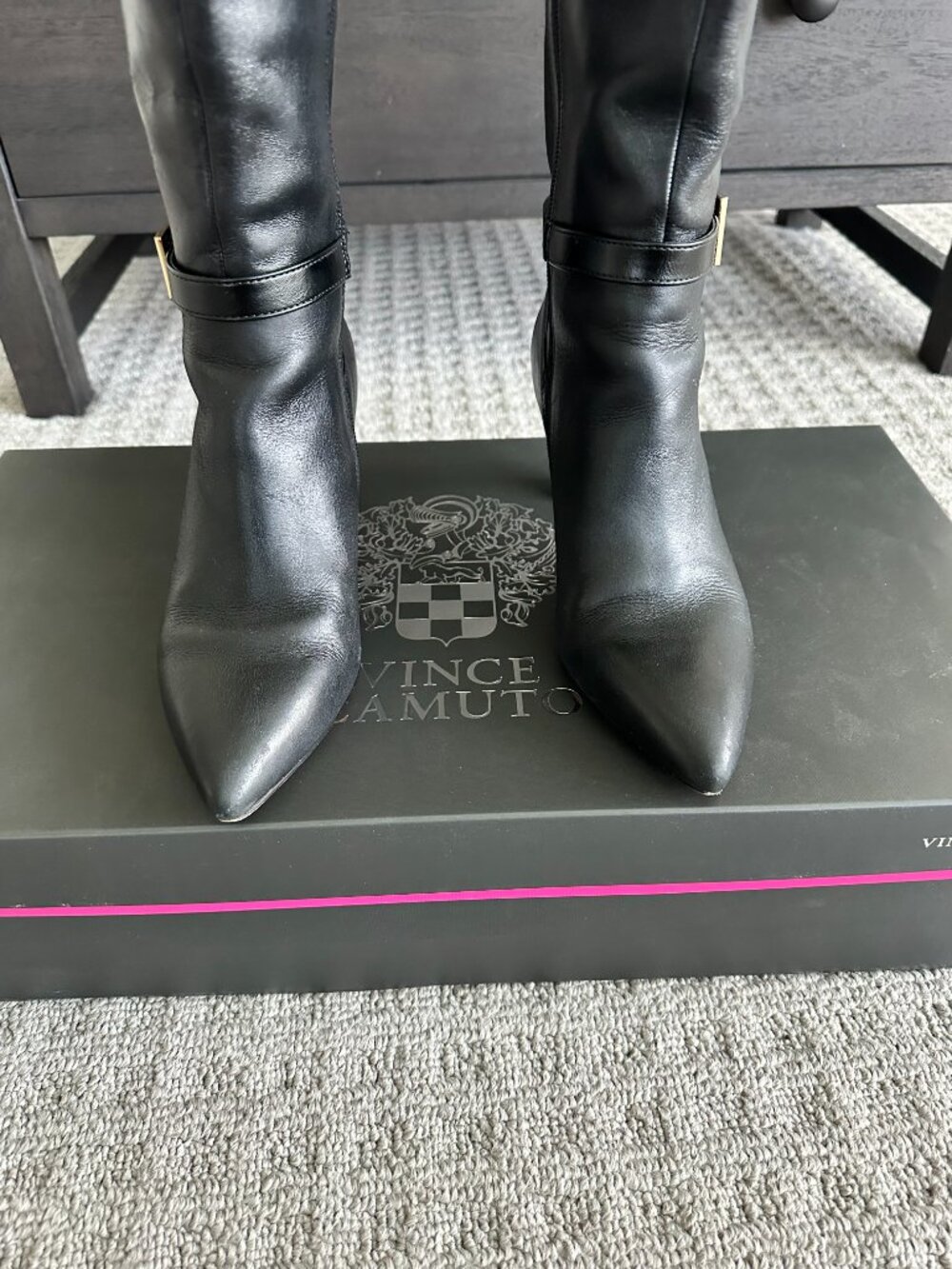 Vince Camuto Debnee Black Leather Knee High Boots Pointed Toe Gold Buckle Stilet - Picture 6 of 9